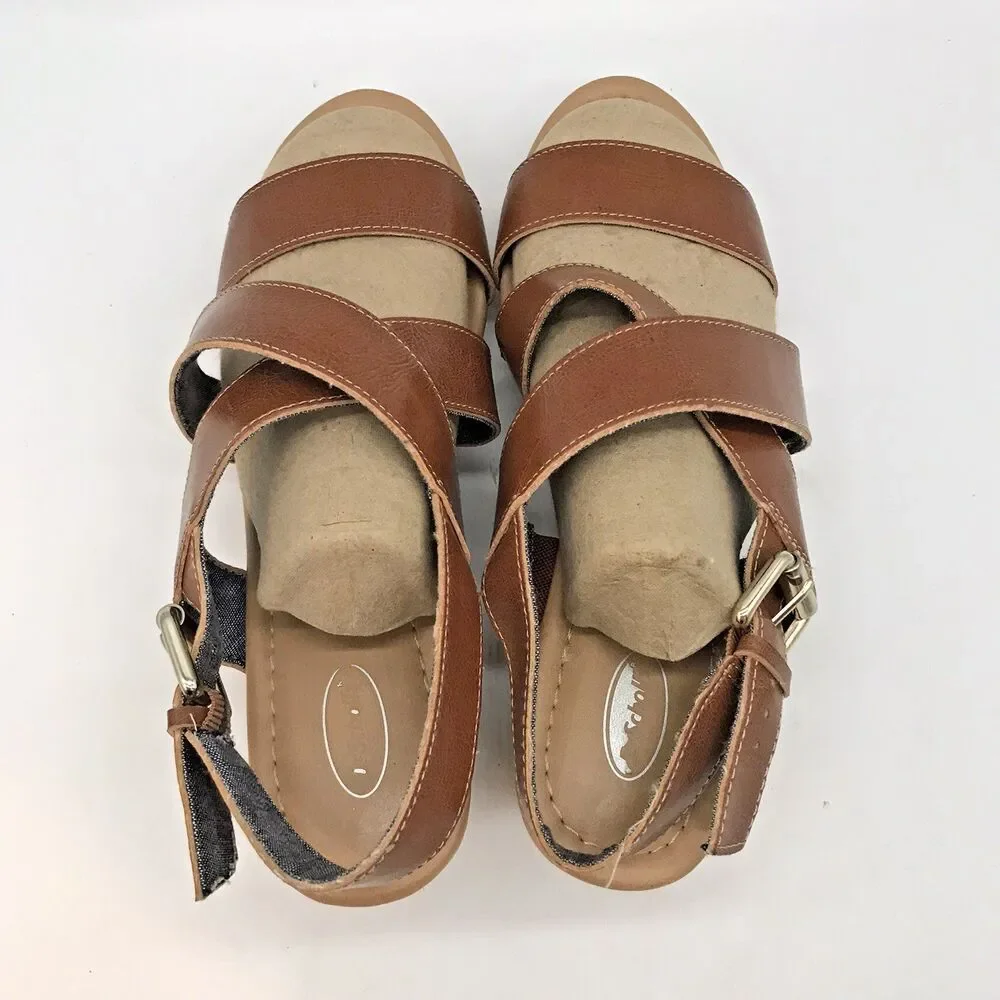 Dr. Scholl's Brenda Wedge Sandal Women's 9.5M Tan Leather & Cork Strappy Shoes